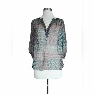 MAEVE Anthropologie Blouse Top Poppy Multi Floral Chiffon 3/4 Sleeve Sheer XS